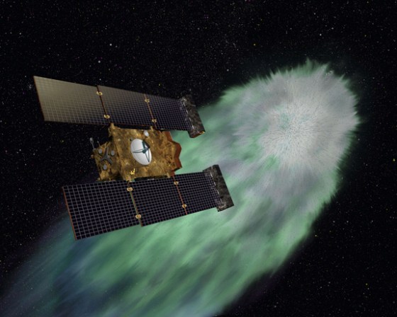 Comet Tempel 1 has been the target of two NASA missions. This is how one artist envisions the approach of NASA's Stardust-NExT spacecraft as it arrives at Comet Tempel 1 on Valentine's Day.