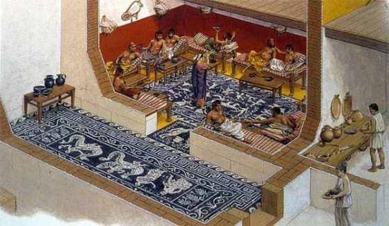 In ancient Athens men attended formal drinking parties, called symposia, where participants drank wine mixed with water in rounds. Participants sat or reclined in a circle or square, so there was no group "head."