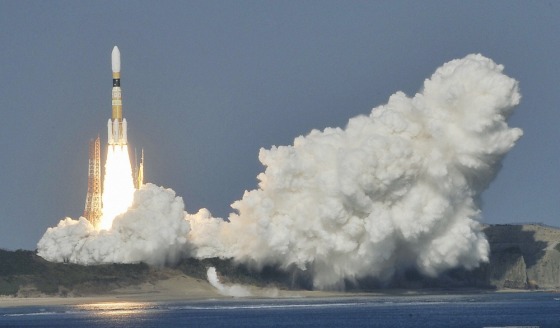 Image: A Japanese H-2B rocket carrying HTV2 transporter blasts off into space from the Tanegashima Space Center in Kagoshima Prefecture