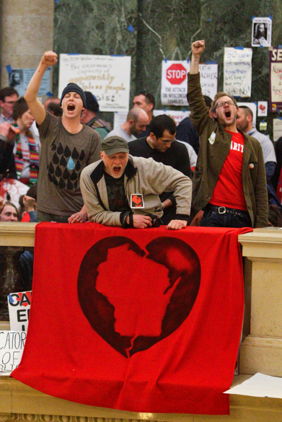 Image: Protesters demonstrate at the state Capitol in Madison