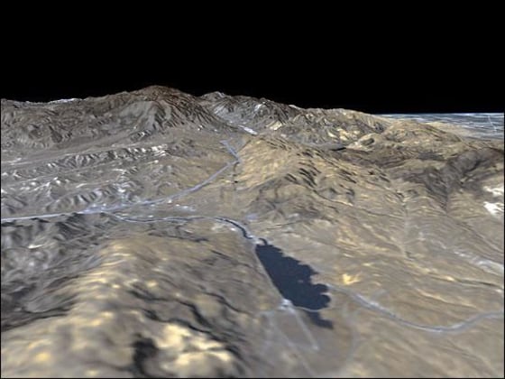 An image of the San Andreas Fault created with data from NASA's Shuttle Radar Topography Mission. This segment of the fault lies near Palmdale, about 60 miles northwest of Los Angeles.