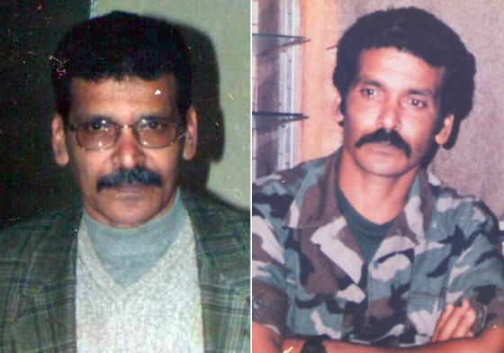 On the right, Ibrahim Elfirjani is seen on the day he left for the U.S. in 1990 after being part of the Libyan opposition army in Chad. On the back of the photo is written in Arabic: “Today, I’m taking off a uniform that is dear to my heart and I’m waiting for the day that I am going to wear it to fight for justice.” On the left is a photo of Ibrahim in Egypt in 2003. He went there to reunite with his wife and two children, who had fled Libya.
