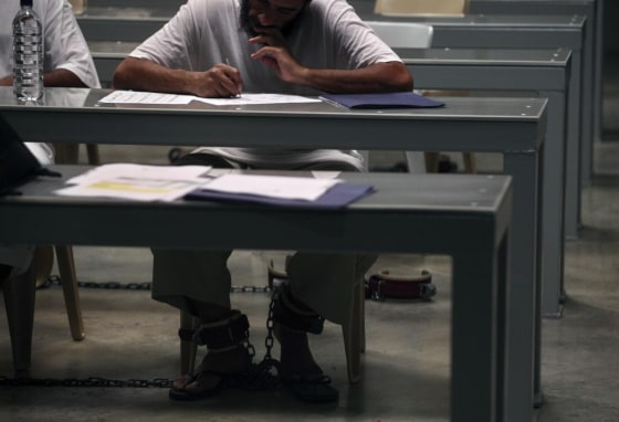 Image: a Guantanamo detainee attends a class in \"Life Skills,\" inside Camp 6 high-security detention facility at Guantanamo Bay U.S. Naval Base