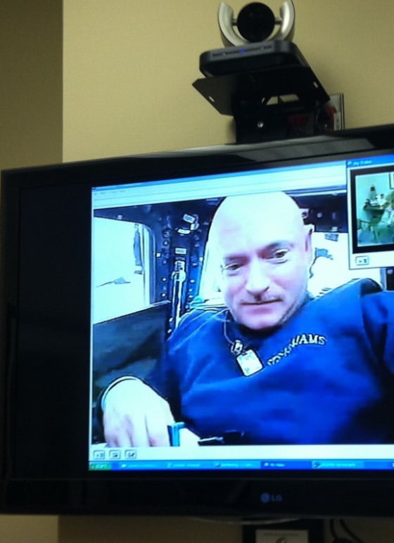 Rep. Gabrielle Giffords posted this picture of her husband, astronaut Mark Kelly, video-chatting from space on her Twitter account. Kelly is commanding the space shuttle Endeavour's STS-134 mission to the International Space Station.