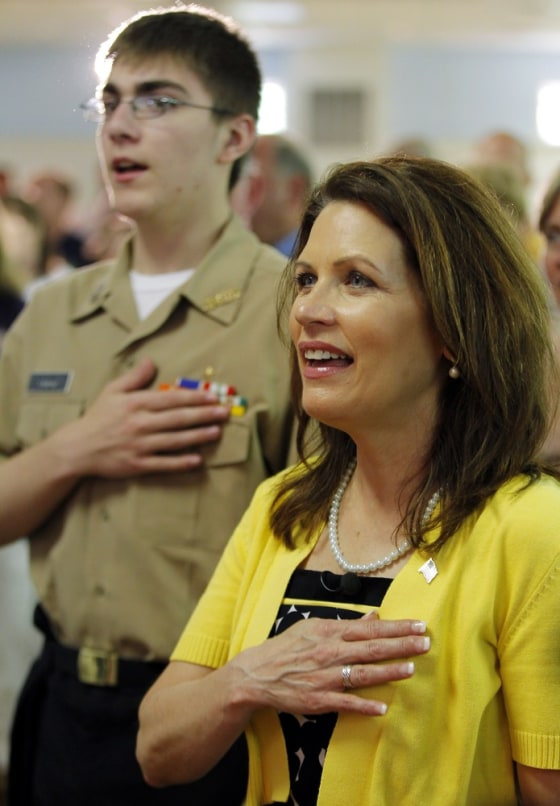 Image: U.S. Congresswoman and likely Republican presidential candidate Michele Bachmann sings 'God Bless America