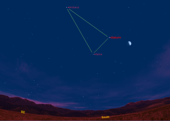 Saturn will form a triangle in the night sky with the bright stars Spica and Arcturus. This sky map shows how the triangle appears at about 9 p.m. local time in midnorthern latitudes.