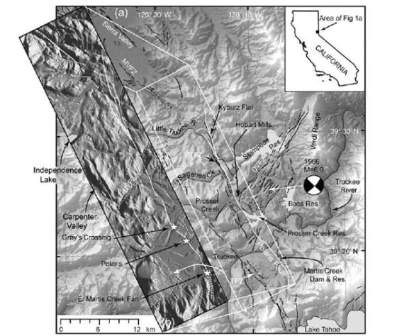 This regional map shows the location of the Polaris Fault and selected regional faults from the U.S. Geological Survey. The inset topographic map shows high-resolution airborne LiDAR imagery, with the Polaris fault shown as a bold white line.