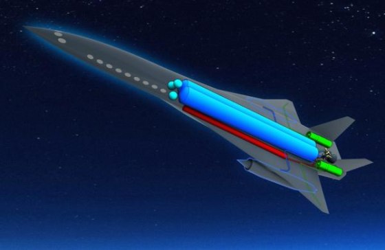 An illustration of EADS' new hypersonic jet, which would take off horizontally like a plane, using turbojets to climb to about 10,000 feet. At that point, rockets would ignite, blasting the craft steeply upward. It's not due until 2050.