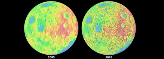 This image shows a comparison of the detail of a 2005 global moon elevation map, left, and one generated by the Lunar Reconnaissance Orbiter in 2010. NASA released this image on Tuesday.