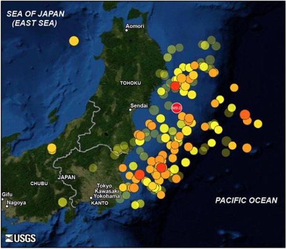 This map shows the March 11, 2011, magnitude-9.0 earthquake off Tohoku and 166 aftershocks of magnitude 5.5 and greater until May 20. Warmer color indicates more recent events. Larger symbol indicates greater quake magnitude.