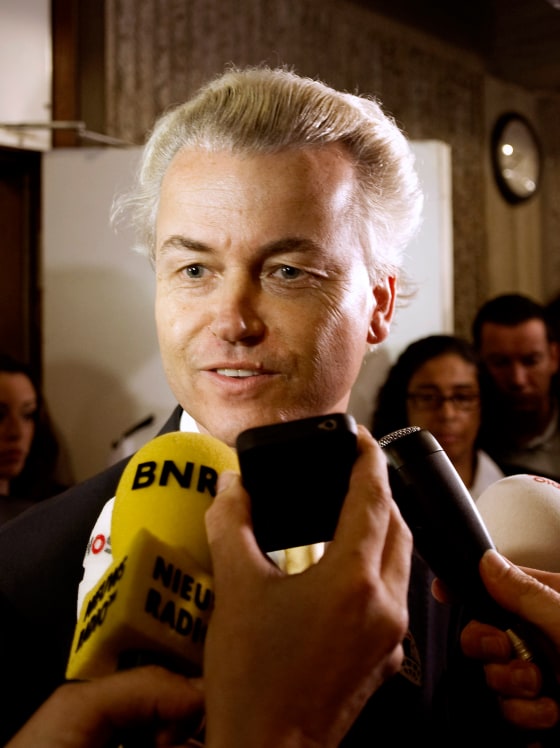 Image: Dutch right-wing politician Geert Wilders of the Freedom Party talks to the media in Amsterdam