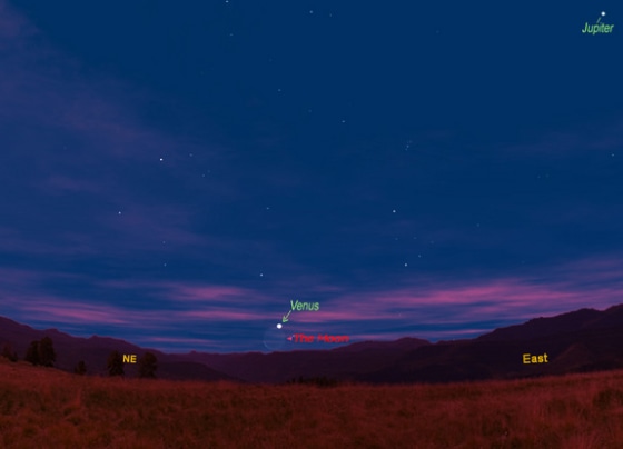 This sky shows the moon and planet Venus will appear together on Thursday as viewed from midnorthern latitudes. Jupiter's position is also shown.