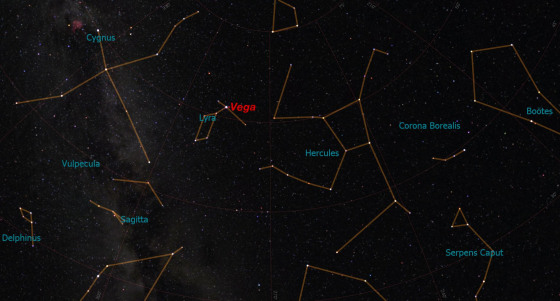 Look directly overhead to find the star Vega in the constellation Lyra. North is at the top of this sky map.