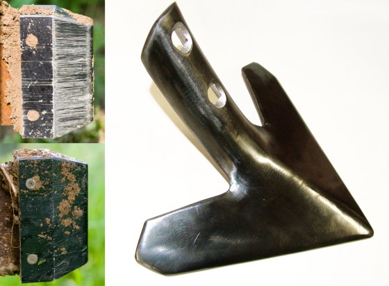 Left: Experimental diamond-like carbon tools after use. Initial test results are at the top, improved coatings are shown at the bottom. Right: A diamond-like carbon coated plowshare for test purposes.