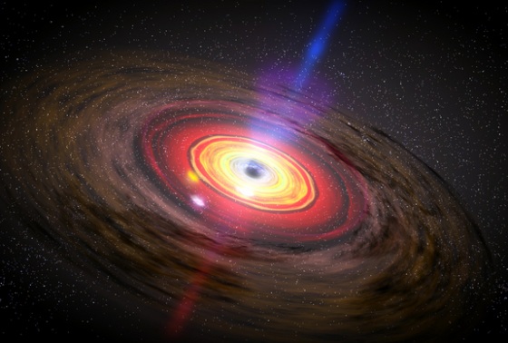 This image depicts three hot blobs of matter orbiting a black hole. If placed in our solar system, this black hole would appear like a dark abyss spread out nearly as wide as Mercury's orbit. And the three blobs (each as large as the sun) would be as far out as Jupiter. They orbit the black hole in a lightning-quick 20,000 miles per second, over a tenth of the speed of light.