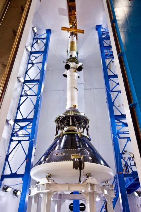 The Orion-MPCV capsule in the acoustic chamber at the Lockheed Martin Waterton Facility in Colorado.