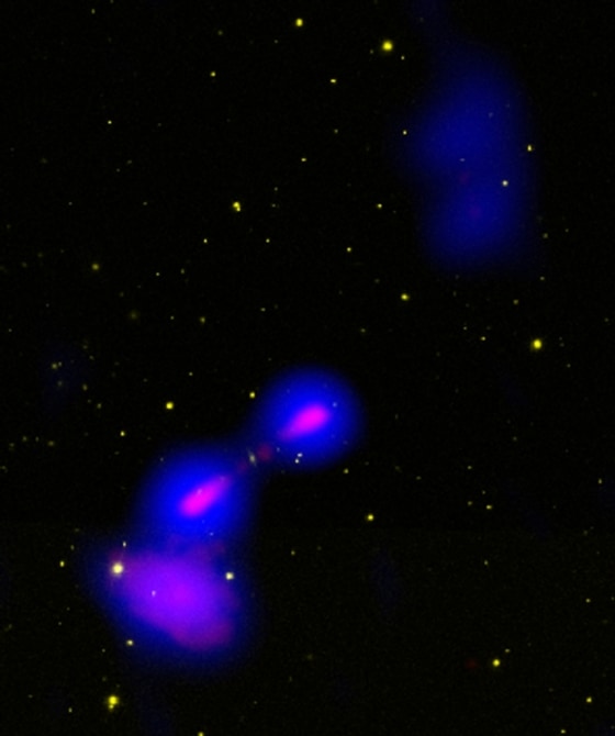 This composite photo shows the exotic galaxy Speca about 1.7 billion light-years from Earth. It is only the second hespiral, as opposed to elliptical, galaxy known to produce large, powerful jets of subatomic particles moving at nearly the speed of light.