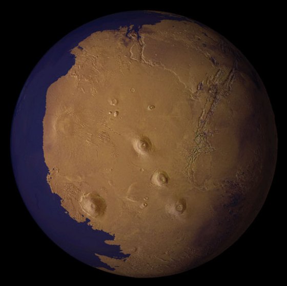 A view of Mars as it might have appeared more than 2 billion years ago, with an ocean filling the lowland basin that now occupies the north polar region.