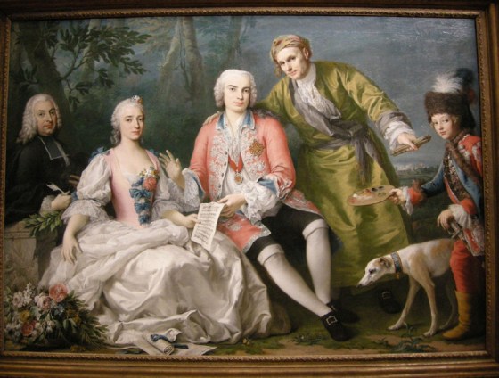 Farinelli (center, in red), as portrayed in this 1750 oil painting by Jacopo Amigoni. The painting is housed in the National Gallery of Victoria in Melbourne, Australia.