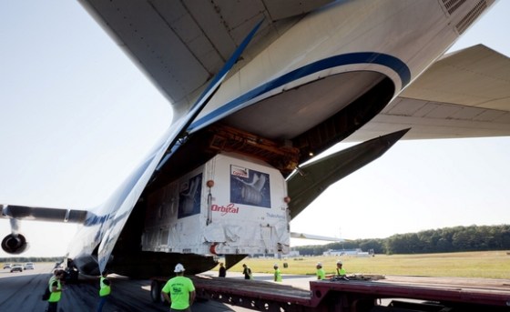 Orbital Sciences Corp.'s first Cygnus cargo carrier pressurized module arrives at NASA's Wallops Flight Facility on Aug. 23 ahead of preparations for a February 2012 test flight to the International Space Station.