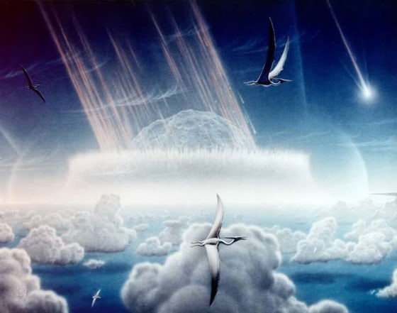 An artist's impression of a giant space rock slamming into Earth 65 million years ago near what is now Mexico's Yucatan Peninsula. A consortium of scientists now says this was indeed what cause the end of the Age of Dinosaurs.