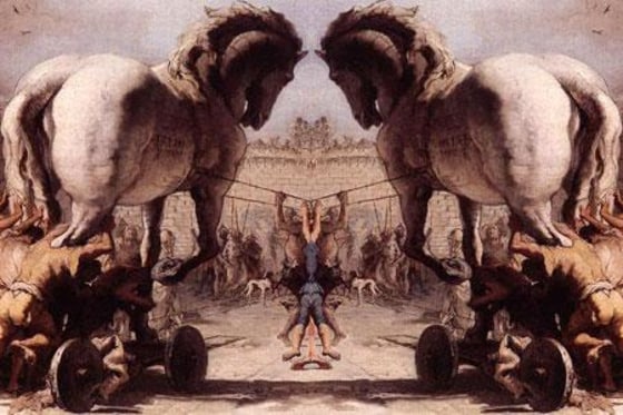 A new Trojan virus does double the damage, as in this manipulated detail of "The Procession of the Trojan Horse in Troy," painted by Giovanni Domenico Tiepolo.