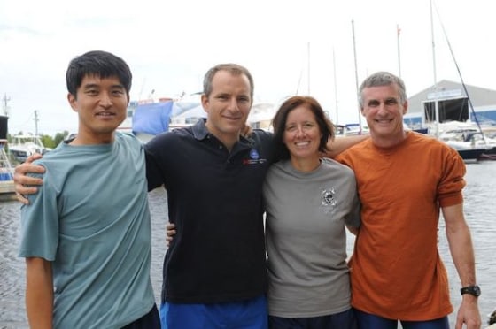 Four members of the NEEMO 15 crew who were forced to return to the surface Wednesday, six days ahead of schedule, because of concerns over Hurricane Rina. From left to right: Japanese astronaut Takuya Onishi, Canadian astronaut David Saint-Jacques, NASA astronaut Shannon Walker and planetary scientist Steve Squyres.