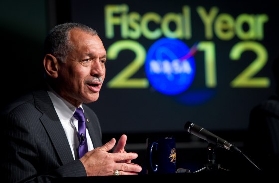 NASA Administrator Charles Bolden speaks to reporters during an overview briefing on NASA's fiscal year 2012 budget on Feb. 14 at NASA Headquarters in Washington.