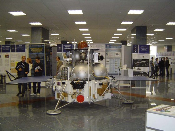 A full-scale mock-up of Russia's Phobos-Grunt. The real probe is currently unresponsive, stuck in low-Earth orbit.