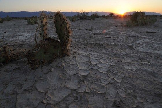 Image: The sun sets over a dry patch of land in Parras de La Fuente in the state of Coahuila