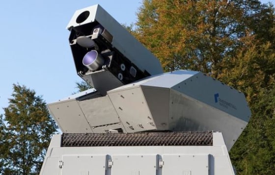 Rheinmetall's 10-kilowatt laser mounted on an air defense vehicle's turret.