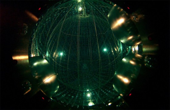 The Borexino neutrino detector is in Italy's Gran Sasso National Laboratory under Gran Sasso Mountain. It detects anti-neutrinos and other subatomic particles that interact in its special liquid center, a 300-ton sphere of scintillator fluid surrounded by a thin, 27.8-foot (8.5-meter) diameter transparent nylon balloon. This all “floats” inside another 700 tons of buffer fluid in a 45-foot (13.7-meter) diameter stainless steel tank immersed in ultra-purified water.