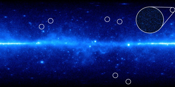 A view of the universe from NASA's Fermi Gamma-ray Space Telescope. Physicists at Brown University studied seven dwarf galaxies (circled in white). They found the galaxies are full of dark matter because their stars’ motion can't be explained by their mass alone, making them ideal places to search for dark matter annihilation signals.