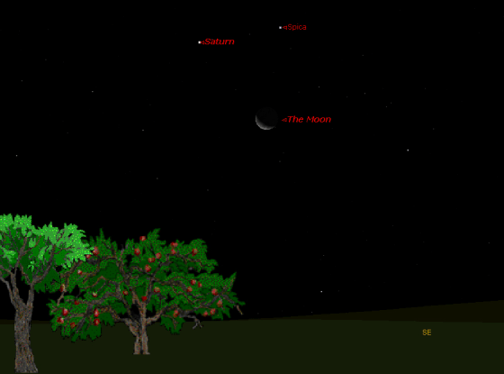 This sky map shows how the planet Saturn will form a sky triangle with the moon and bright star Spica on Tuesday before sunrise.This view shows how the trio will appear at 4 a.m. local time to observers in mid-northern latitudes.