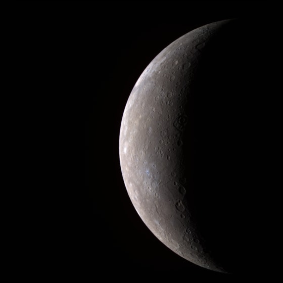 The first high-resolution image of Mercury transmitted by the MESSENGER spacecraft (in false color, 11 narrow-band color filters).