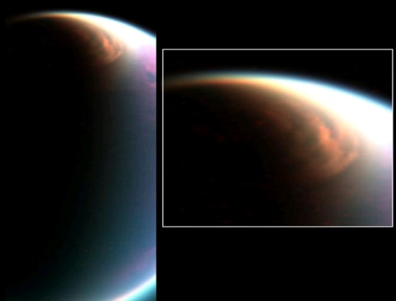 This composite image shows a cloud, imaged at a distance of 90,000 kilometers (54,000 miles) during a Titan flyby designed to observe the limb of the moon. The cloud extends down to 60 degrees north latitude.