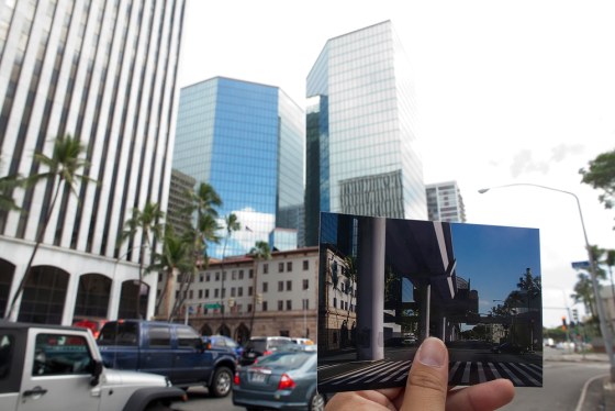Image: A photograph showing an artist rendering of a rail station at the location it could eventually be built in Honolulu.