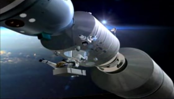 This image depicts a spacewalk from a Shenzhou spacecraft docked to China's Tiangong 1 space laboratory module.