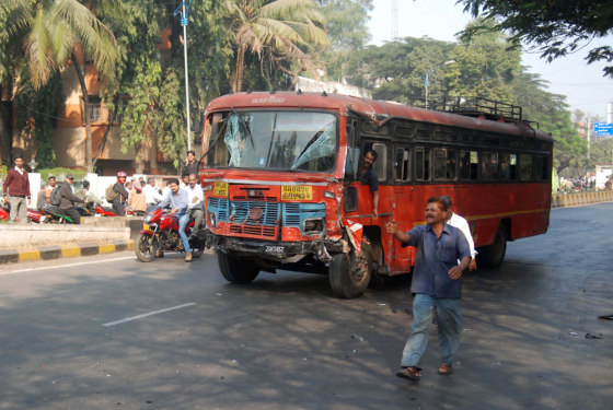 A man drives a bus involved in an accide