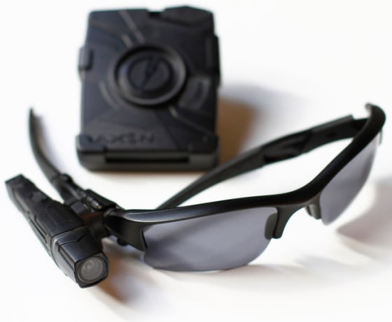 Taser's Axon Flex video camera mounted on a pair of sunglasses.
