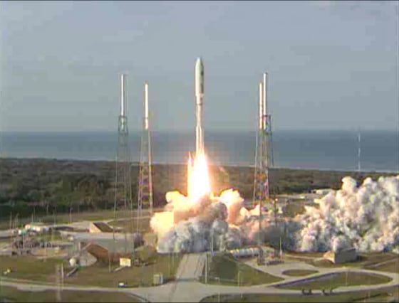 This still photo from a United Launch Alliance broadcast shows an Atlas 5 rocket launching into space with the U.S. Navy's MUOS-1 communications satellite on Friday. Liftoff occured at 5:15 p.m. ET from Cape Canaveral Air Force Station.