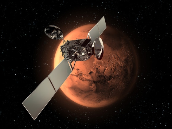 The ExoMars Trace Gas Orbiter (TGO), along with an Entry, Descent and Landing Demonstrator Module (EDM), were to form the first mission in the ESA-NASA ExoMars Program. This image&nbsp;shows the Orbiter and the EDM in cruise configuration.