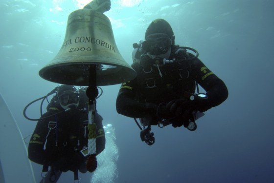 Image: File photo of Carabinieri's scuba divers inspecting the Costa Concordia cruise ship which ran aground off west coast of Italy at Giglio island