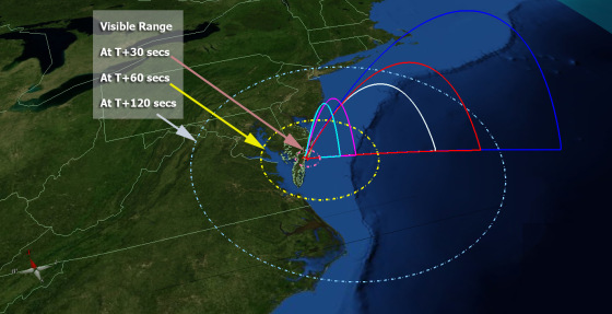 This map of the United States' mid-Atlantic region shows the flight profile of NASA's five ATREX rockets, as well as the projected area where they may be visible after launch on Sunday night. The rockets' chemical tracers, meanwhile, should be visible from South Carolina through much of New England.