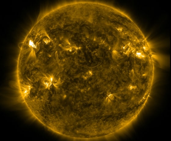 This image, captured during the first week of March, shows the sun in the midst of a flurry of furious eruptions.