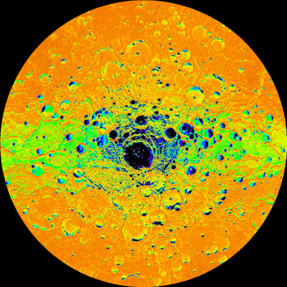 This image of Mercury’s south polar region from NASA’s Messenger probe shows a map colored on the basis of the percentage of time that a given area is sunlit; areas appearing black in the map are regions of permanent shadow.