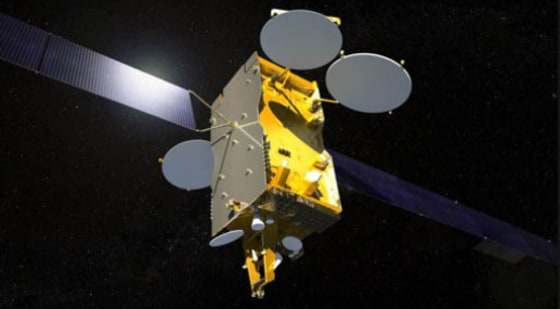 An artist's illustration of the Russian Express-AM4 telecommunications satellite in Earth orbit. It was intentionally plunged into the ocean on Sunday.