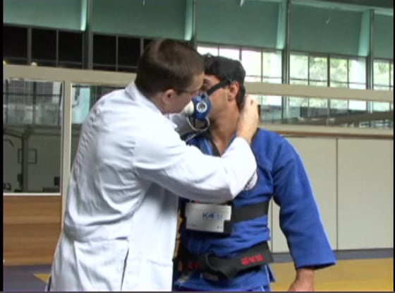 Judo practitioners (shown here in still photo from demonstration video) wore portable gas analyzers, which looked a bit like gas masks, as well as mini-jetpacks for the study.