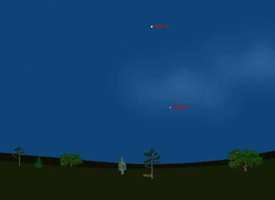 This sky map shows the location of Venus, and Jupiter below it, in the western sky just after sunset on April 14, as it will appear to skywatchers at mid-northern latitudes.
