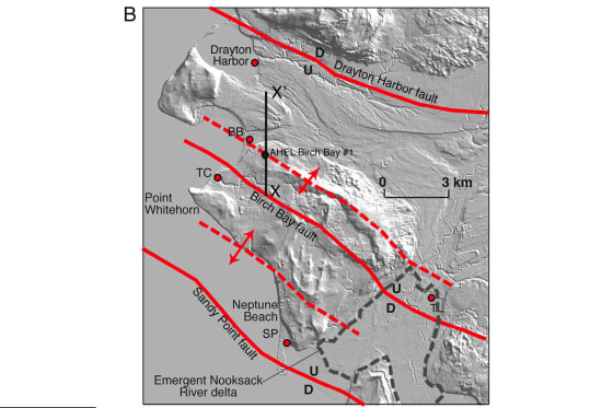 This LiDAR image acquired in 2006 by USGS shows five paleoseismic study sites (red dots with block perimeters) and three Holocene faults (solid red lines) inferred from the data.